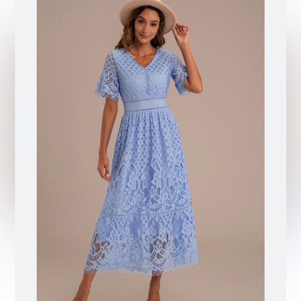 NWOT Half Sleeve V Neck Button Detail Lace Embroidery Dress Size Small